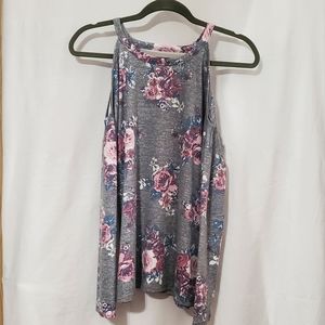 Gray & floral long sleeve cold shoulder top